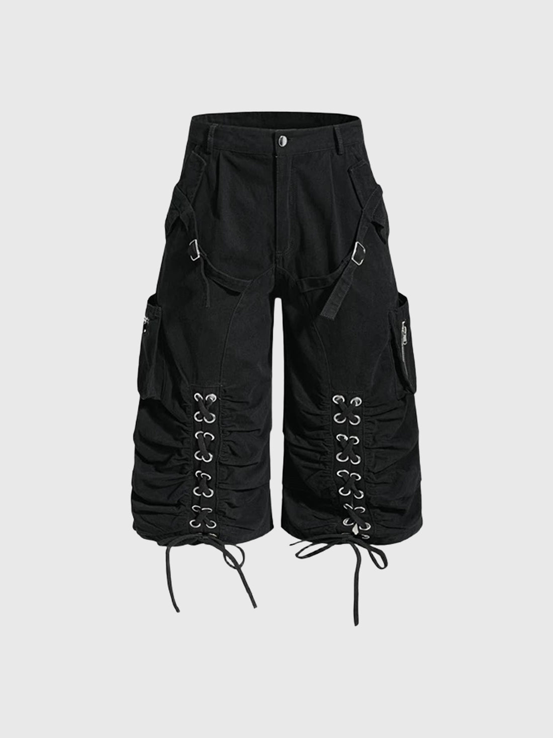 Co-ed Dorm Wide-leg Lace-up Utility Shorts - Black