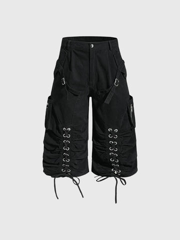 Co-ed Dorm Wide-leg Lace-up Utility Shorts - Black