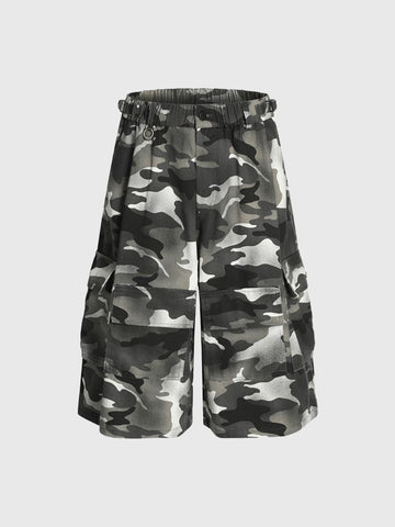 Co-ed Dorm Wide-leg Camouflage Cargo Shorts - Black