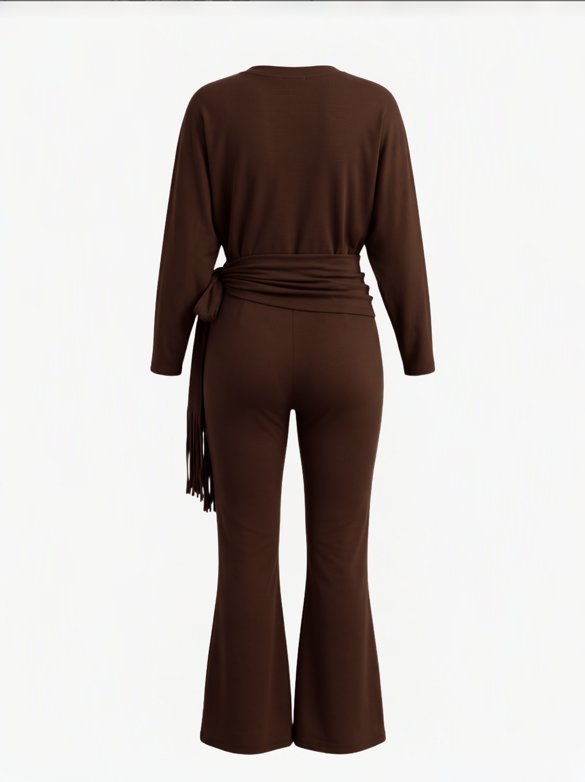 Brick Lane Skimming Long Sleeve Top and Flared Pants Two-Piece Set - Brown