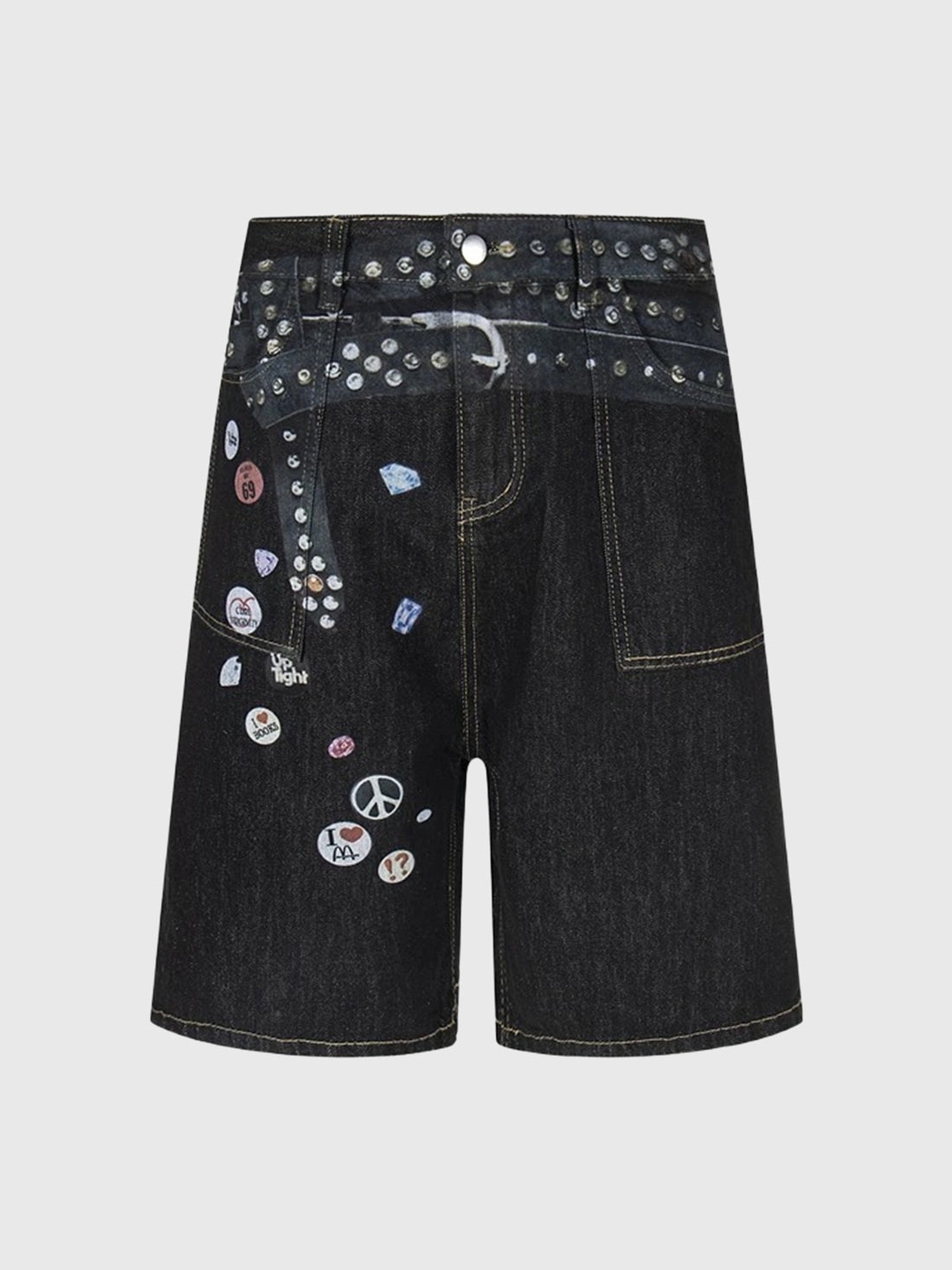 Co-ed Dorm Wide-leg Graphic Print Denim Shorts - Black