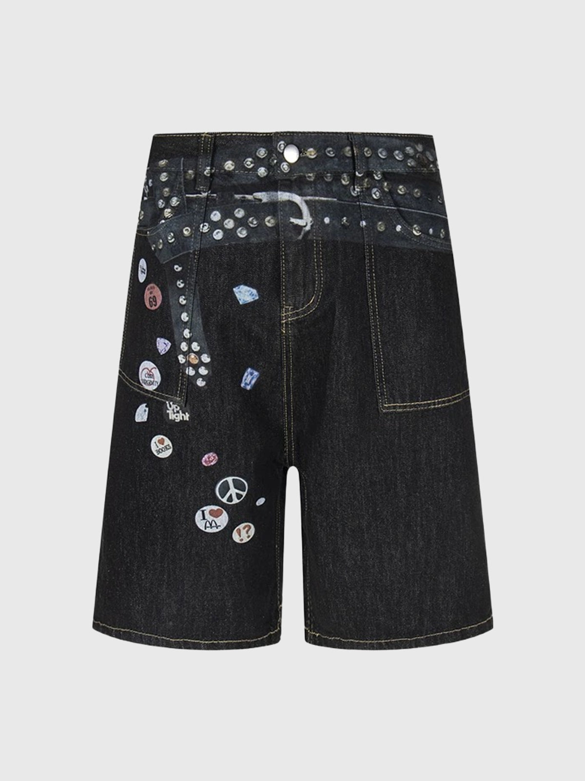 Co-ed Dorm Wide-leg Graphic Print Denim Shorts - Black
