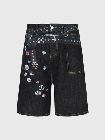 Co-ed Dorm Wide-leg Graphic Print Denim Shorts - Black