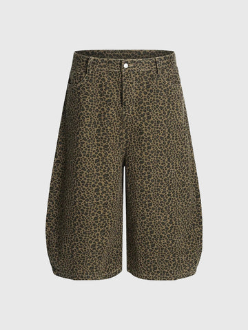 Co-ed Dorm Wide-leg Embroidered Leopard Shorts - Brown