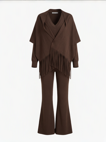 Brick Lane Skimming Long Sleeve Top and Flared Pants Two-Piece Set - Brown