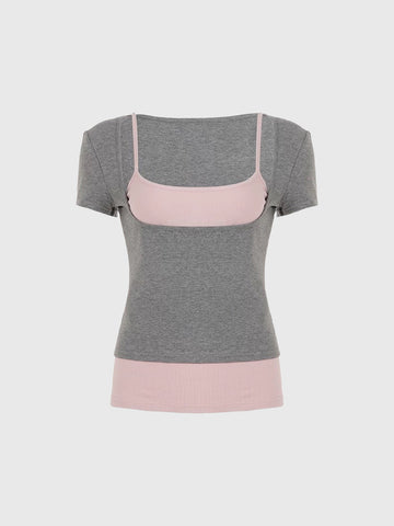 Brick Lane Skimming Layered-Look Contrast Color Tee - Grey