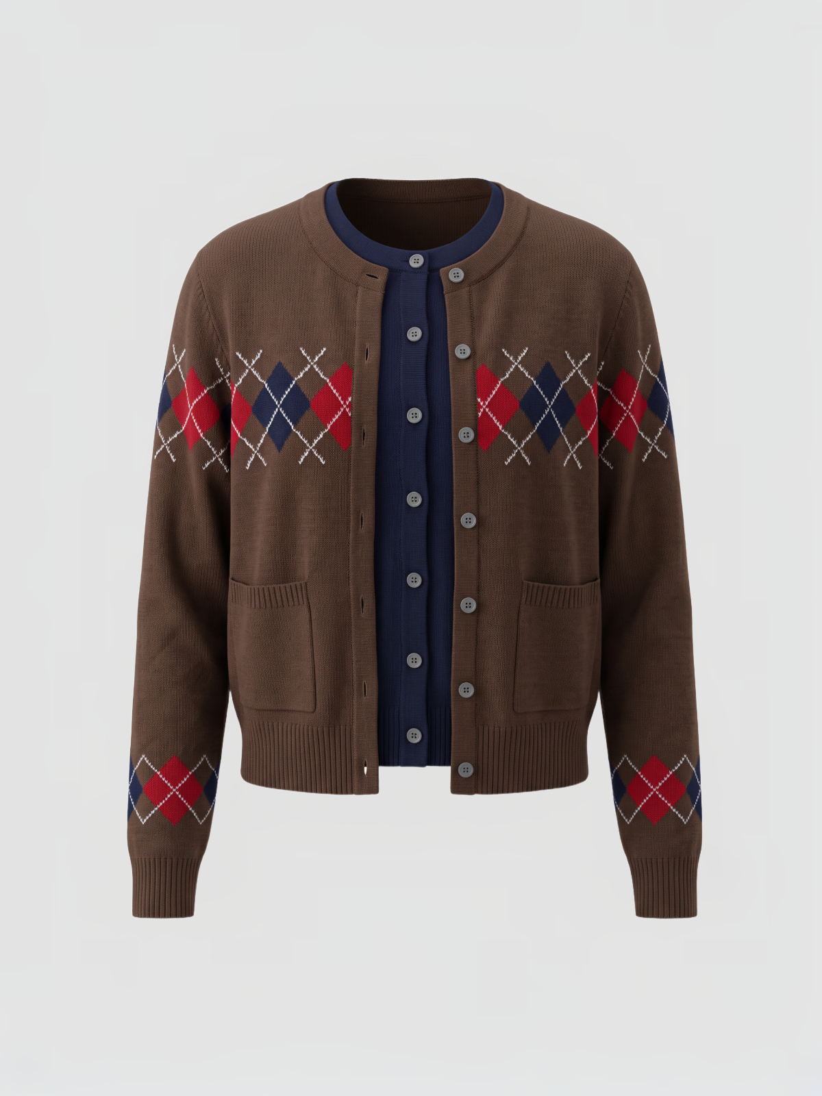 Brick Lane Argyle Pattern V-Neck Knit Cardigan - Brown/Burgundy