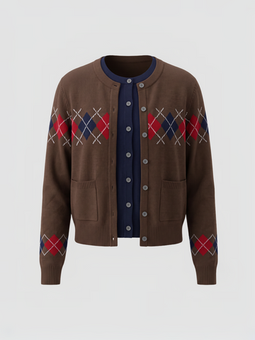 Brick Lane Argyle Pattern V-Neck Knit Cardigan - Brown/Burgundy