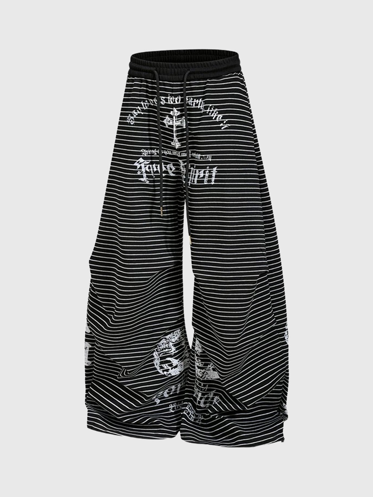 Co-ed Dorm Curved-cut Stripe Graphic Print Pants - Black