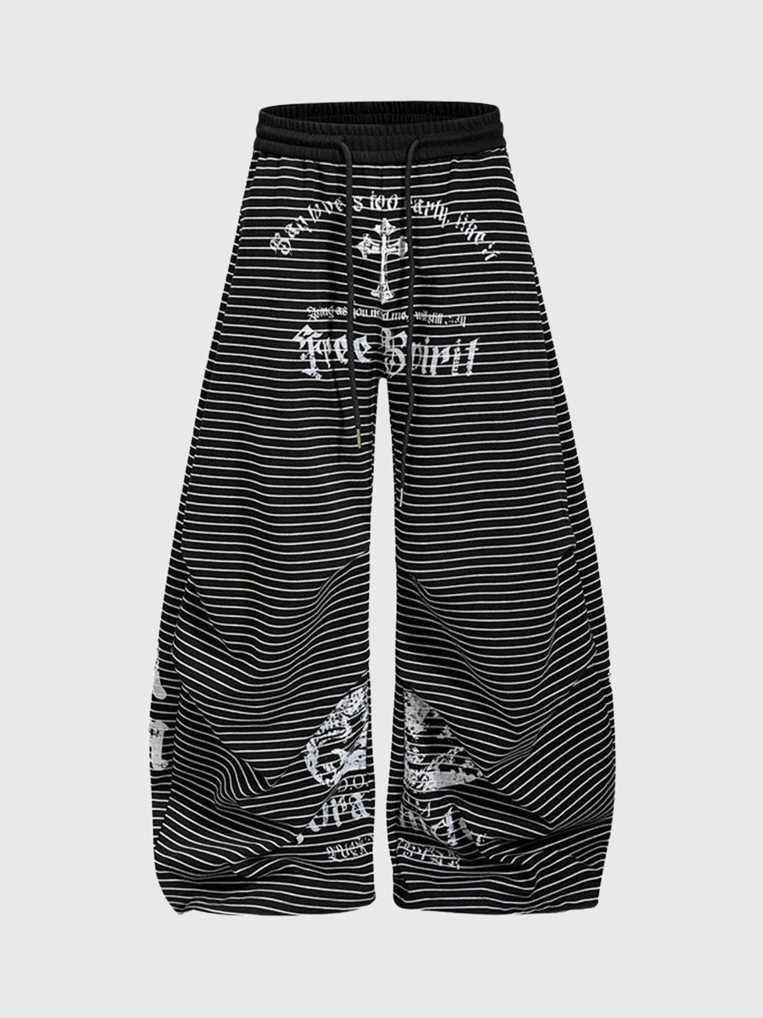 Co-ed Dorm Curved-cut Stripe Graphic Print Pants - Black