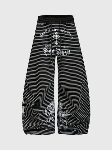Co-ed Dorm Curved-cut Stripe Graphic Print Pants - Black