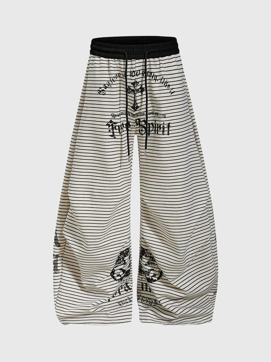 Co-ed Dorm Curved-cut Stripe Graphic Print Pants - White