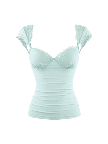 Brick Lane Skimming-fit Lace Detailed V-Neck Top - Blue