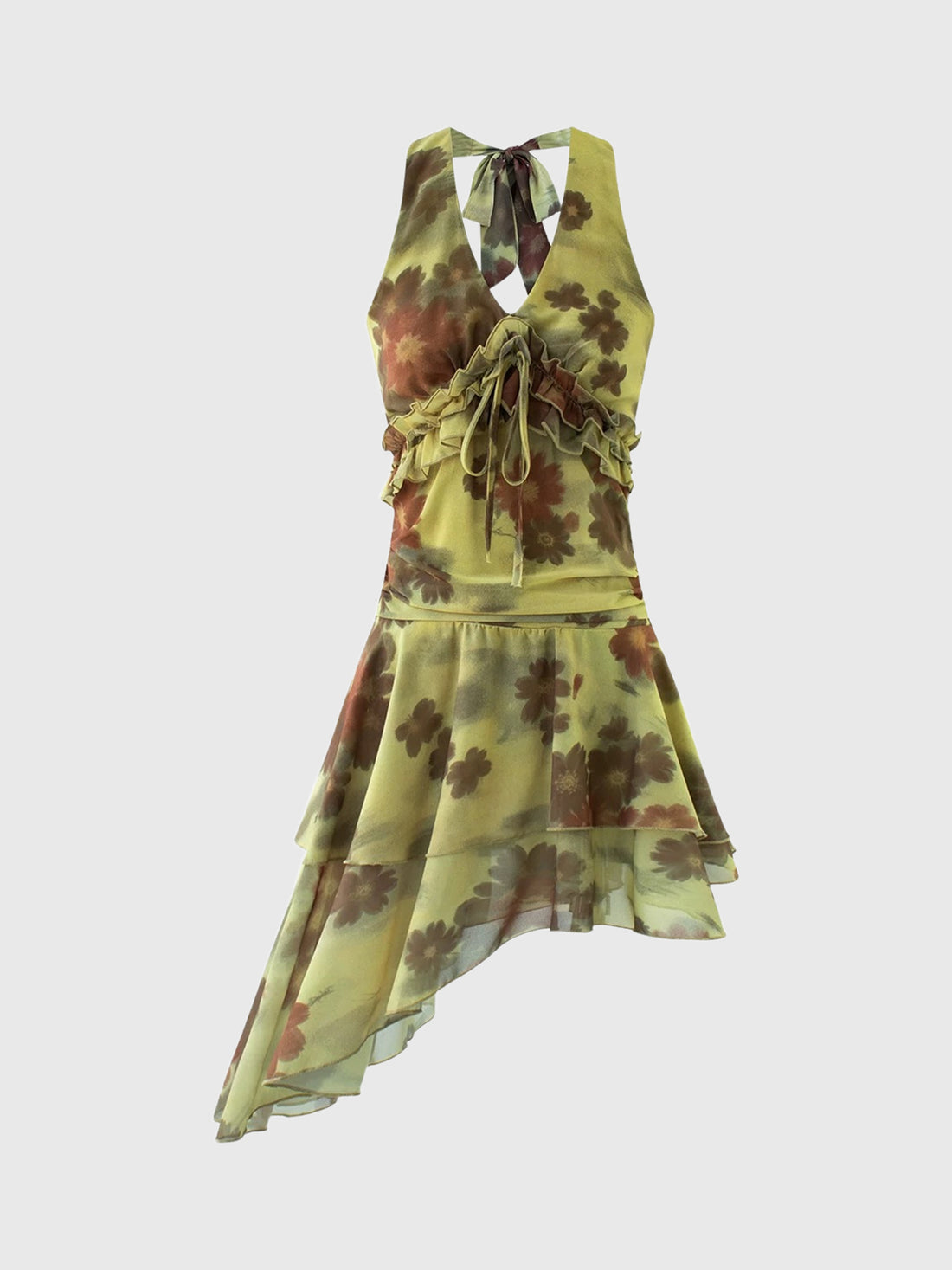 Brick Lane Asymmetric Halter Floral Print Dress - Green