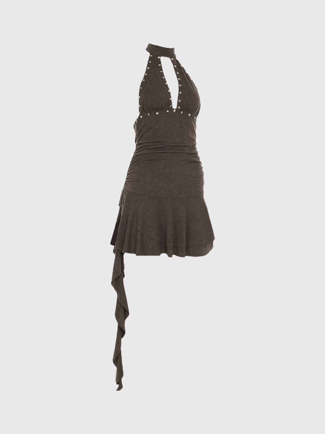 Brick Lane Halter Ruched Asymmetric Top - Brown