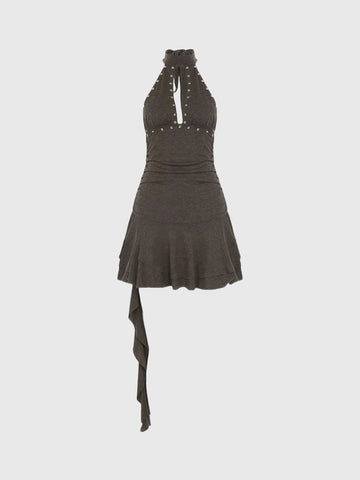 Brick Lane Halter Ruched Asymmetric Top - Brown