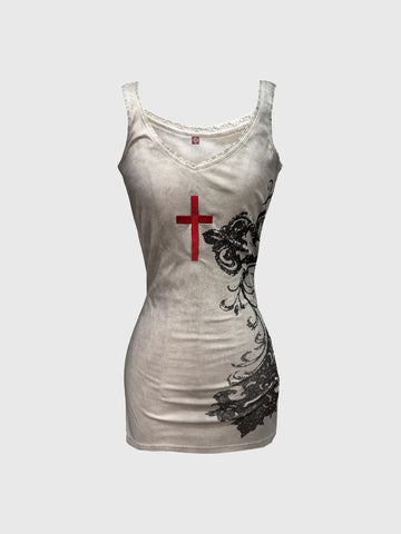 Brick Lane Skimming-fit Gothic Cross Print Dress - White
