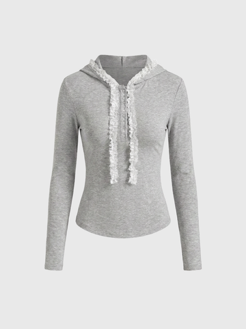 Lace Court Skimming Lace Detailed Zip-up Fitted Hoodie - Grey