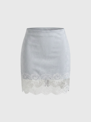 Dolled Office Skimming Suede Lace Trim Mini Skirt - Grey