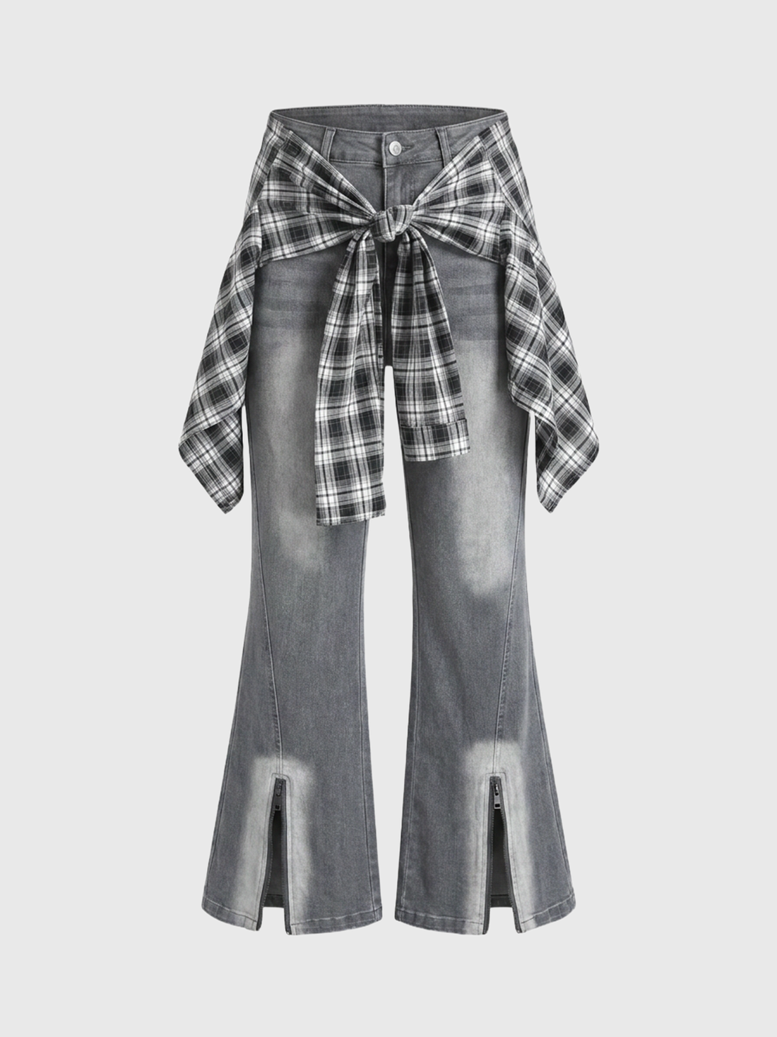 Brick Lane Layered-look Check Shirt-Tied Flare Pants - Black/White
