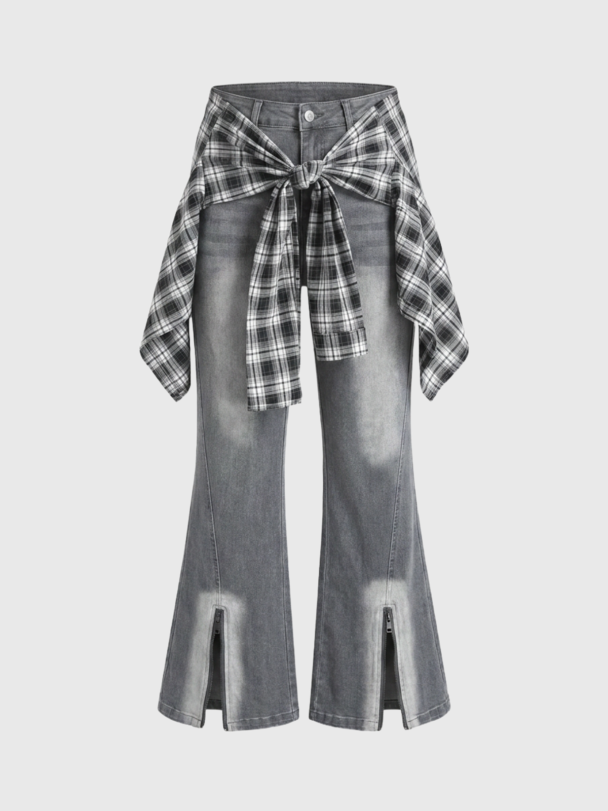 Brick Lane Layered-look Check Shirt-Tied Flare Pants - Black/White