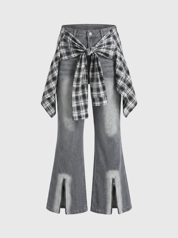 Brick Lane Layered-look Check Shirt-Tied Flare Pants - Black/White