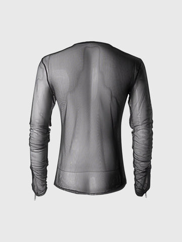 Co-ed Dorm Skimming Half-Button Sheer Mesh Top - Black