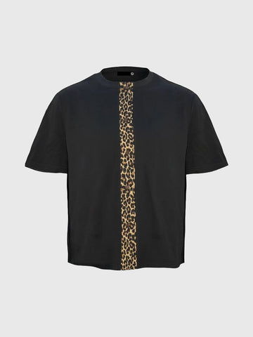 Co-ed Dorm Baggy Leopard Contrast Color Patchwork Tee - Black