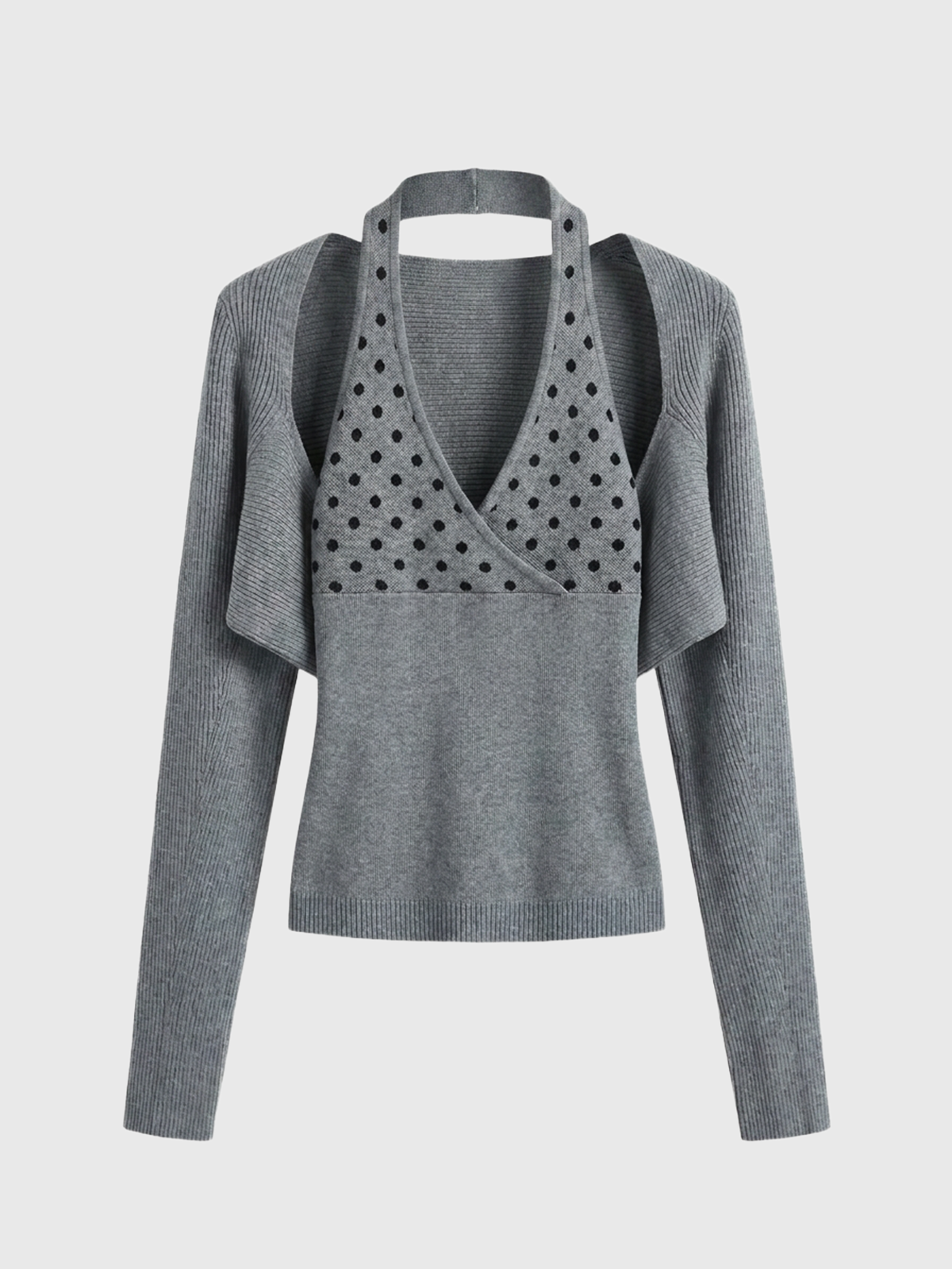 Brick Lane V Neck Dot Print Cut-out Detailed Fitted Top - Grey