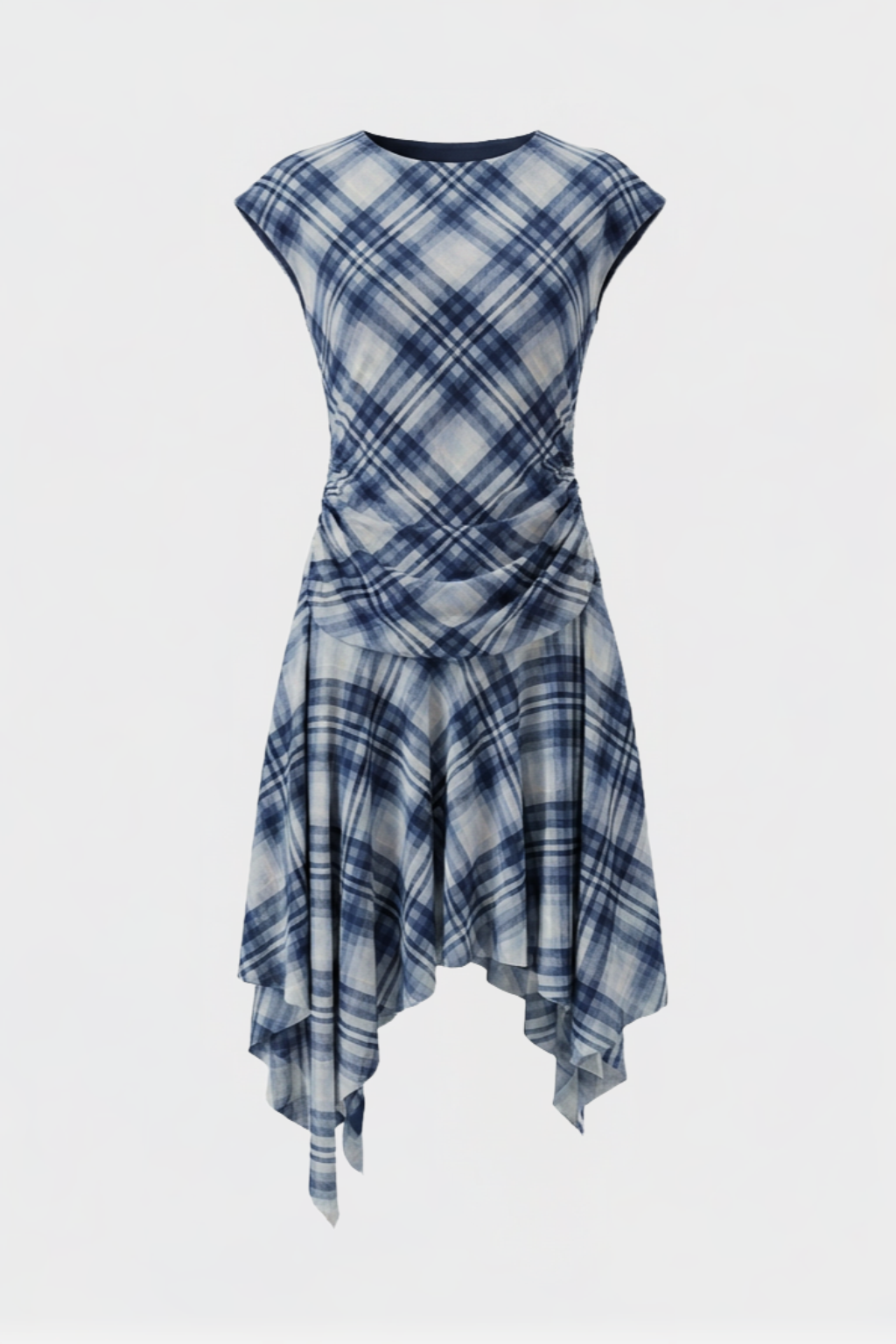 Dolled Office Skimming Check Asymmetric Hem Dress - Blue/White