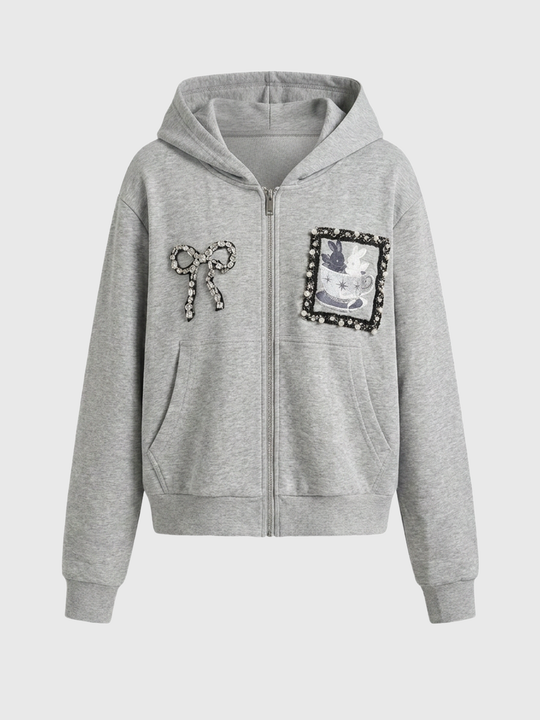 Brick Lane Baggy Rhinestone Detailed Graphic Relaxed Hoodie - Grey