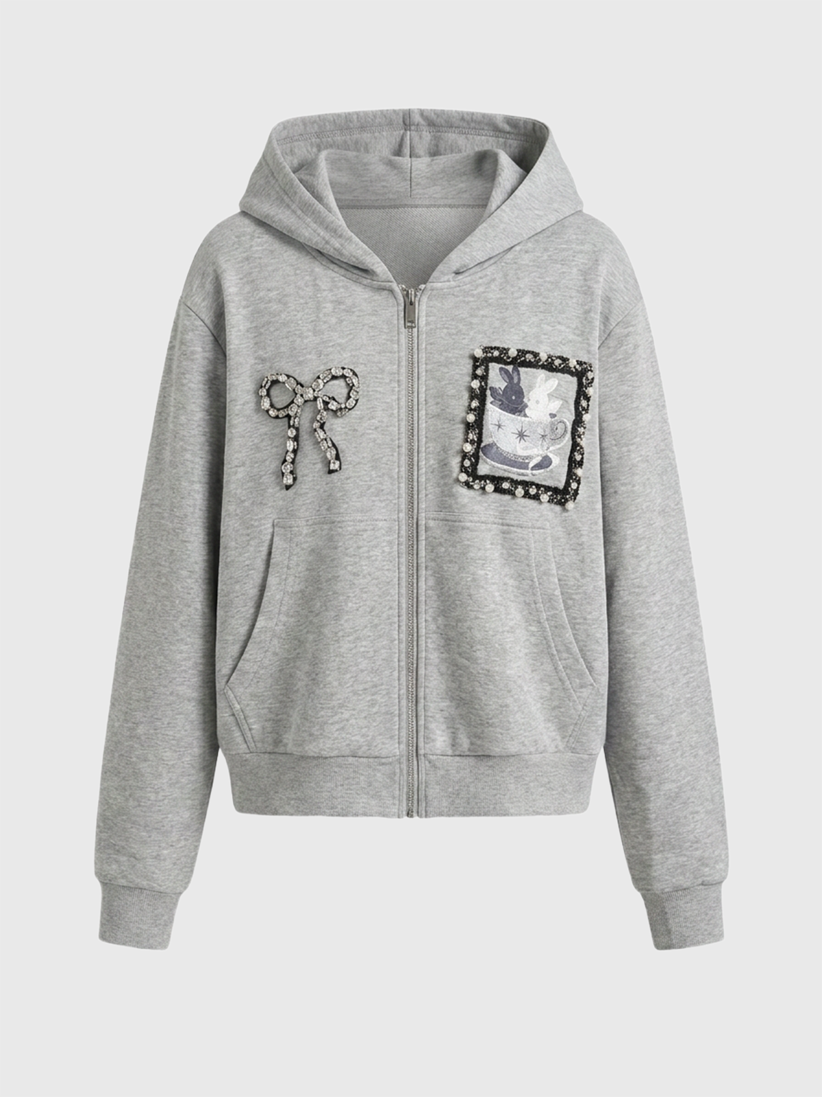 Brick Lane Baggy Rhinestone Detailed Graphic Relaxed Hoodie - Grey