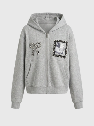 Brick Lane Baggy Rhinestone Detailed Graphic Relaxed Hoodie - Grey