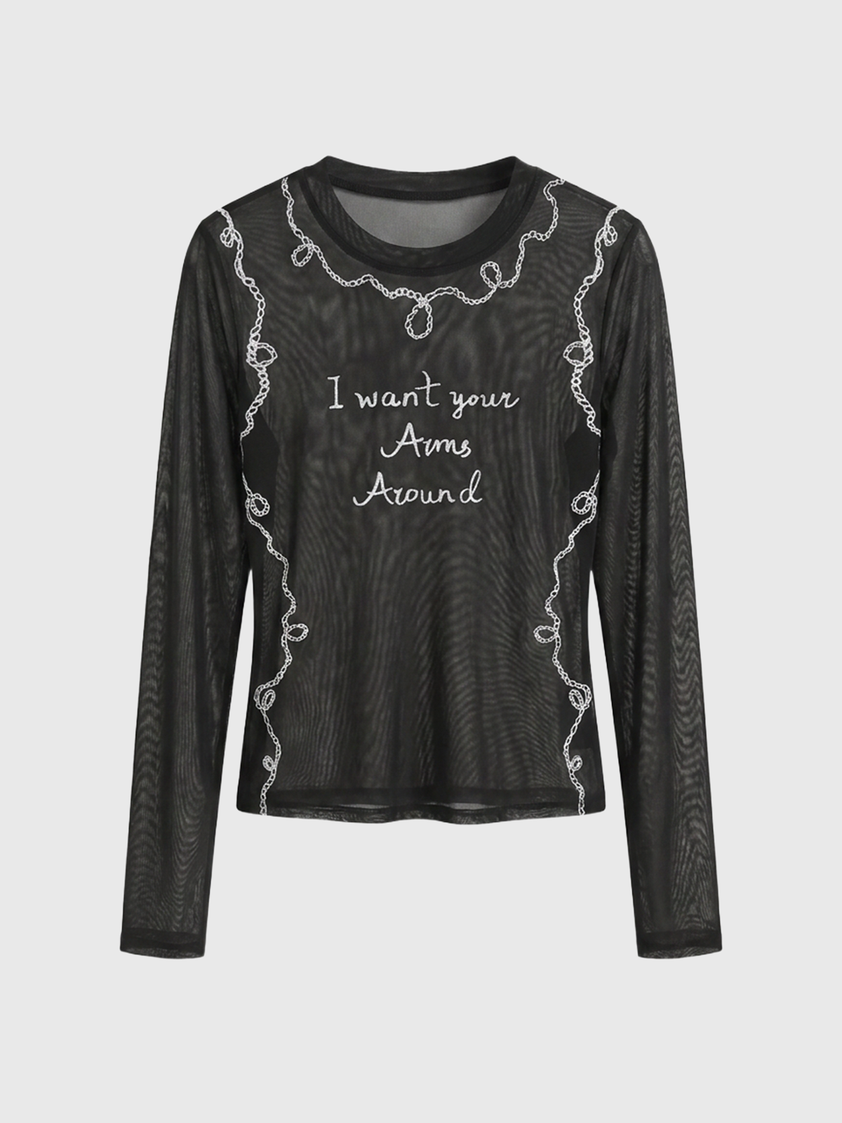 Brick Lane Skimming Mesh Embroidered Graphic Top - Black
