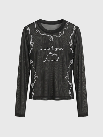 Brick Lane Skimming Mesh Embroidered Graphic Top - Black
