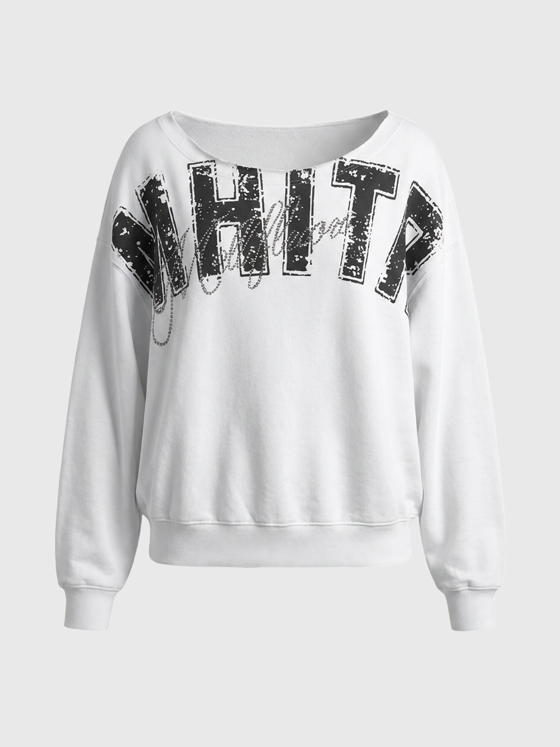 Brick Lane Baggy Rhinestone Graphic Printed Sweatshirt - White