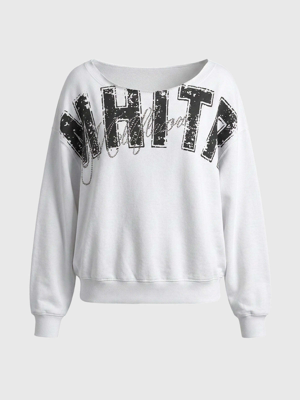 Brick Lane Baggy Rhinestone Graphic Printed Sweatshirt - White