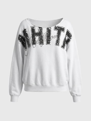 Brick Lane Baggy Rhinestone Graphic Printed Sweatshirt - White