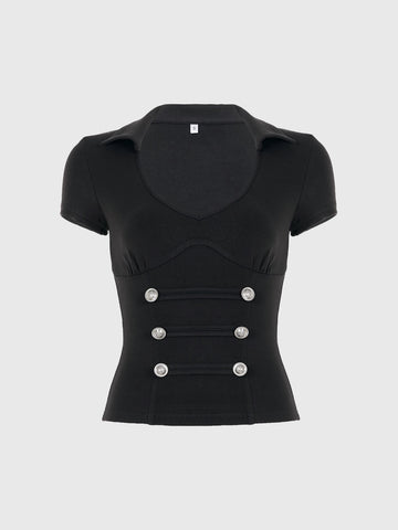 Brick Lane Skimming Double-Breasted V-Neck Top - Black