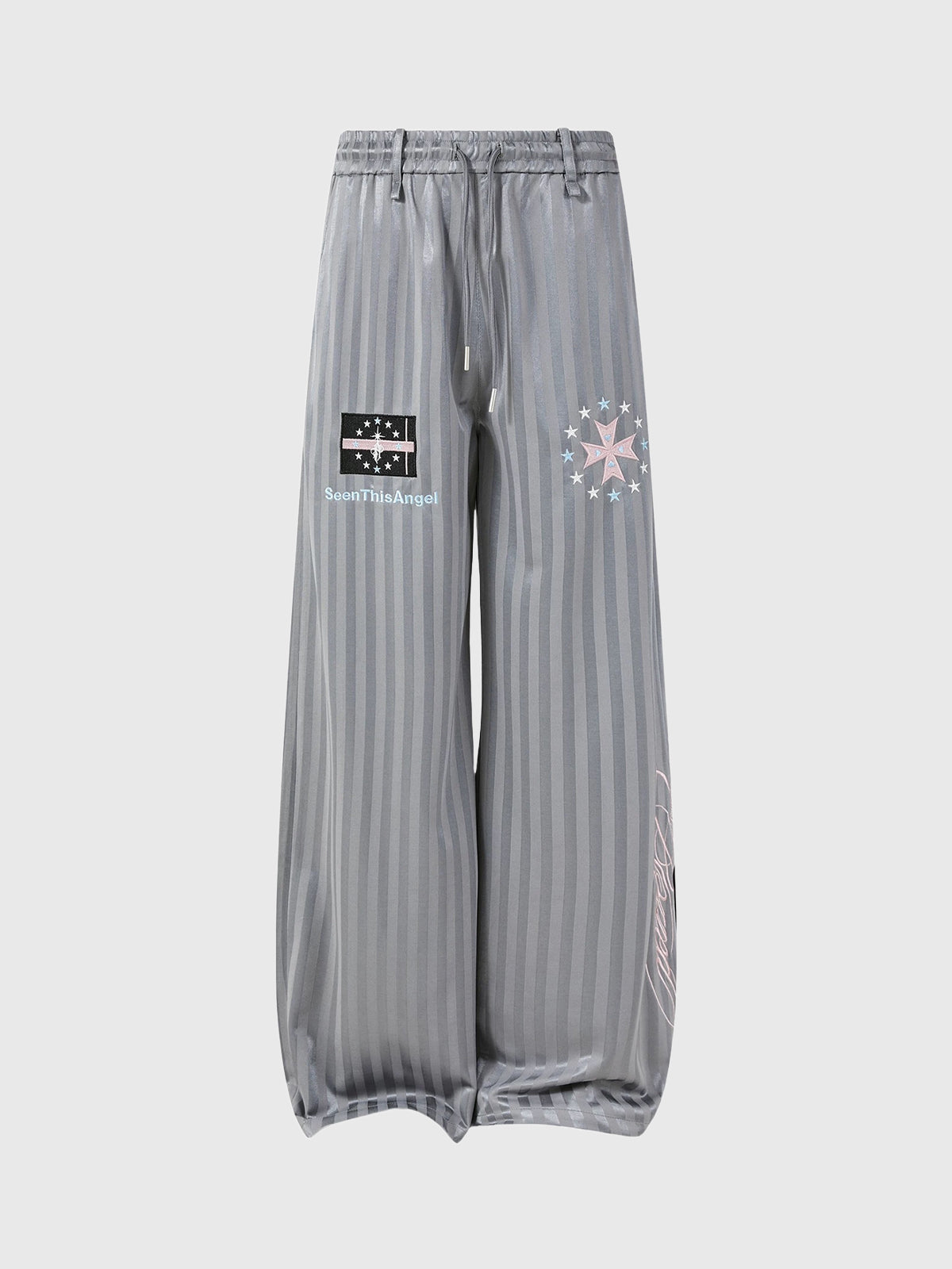 Co-ed Dorm Baggy Striped Gothic Cross Graphic Sweatpants - Grey