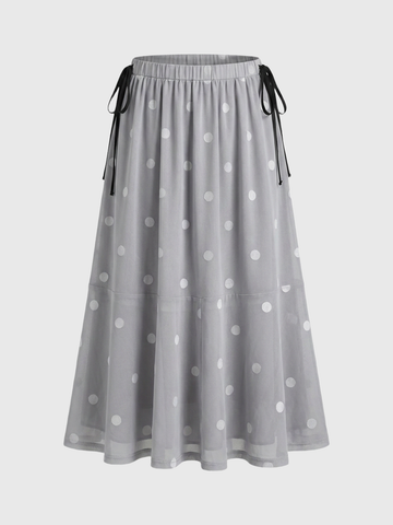 Brick Lane Draped Mesh Dot Print Tiered Maxi Skirt - Grey