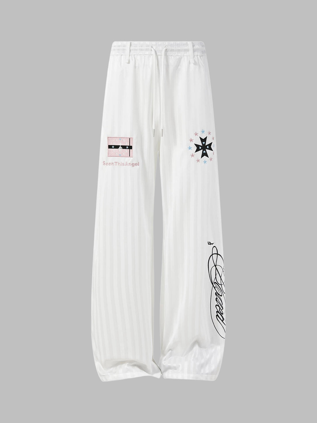 Co-ed Dorm Baggy Gothic Cross Graphic Sweatpants - White