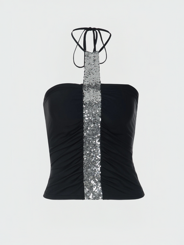 Brick Lane Halter Sequin Top - Black