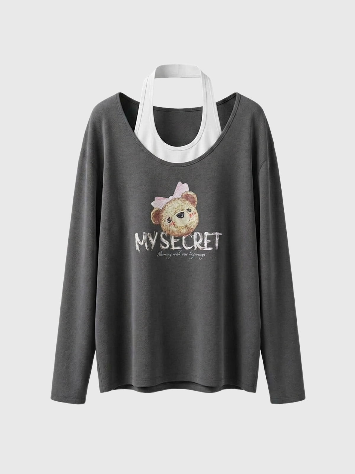 Brick Lane Layered-look Cartoon Graphic Patchwork Top - Dark Grey