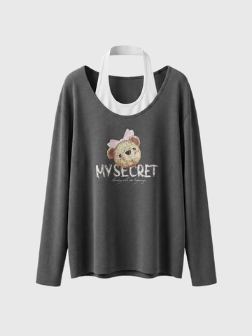 Brick Lane Layered-look Cartoon Graphic Patchwork Top - Dark Grey