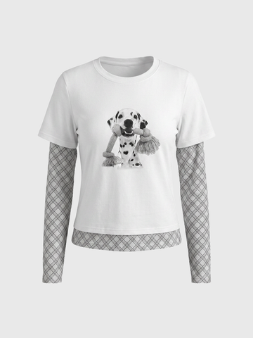 Brick Lane Layered-look Check Patchwork Graphic Tee - White