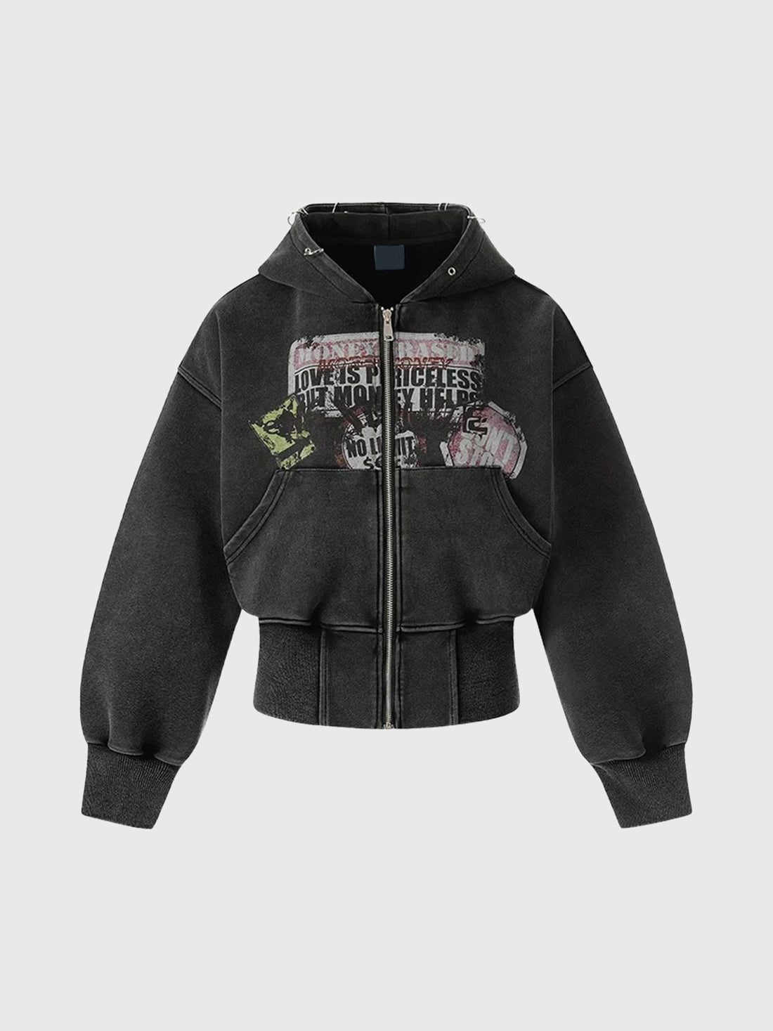 Brick Lane Waist-Defining Cat Print Zip-up Hoodie - Black