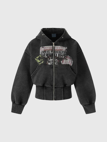 Brick Lane Waist-Defining Cat Print Zip-up Hoodie - Black