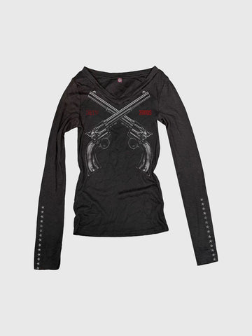 Co-ed Dorm Skimming Graphic Printed Long Sleeve Tee - Black