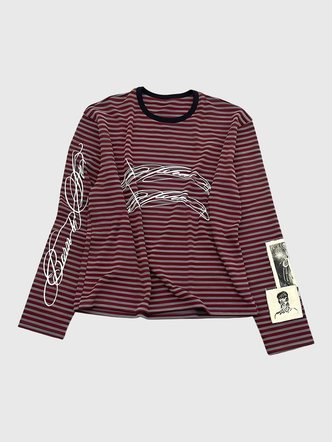 Co-ed Dorm Baggy Distressed Striped Graphic Long Sleeve Tee - Red